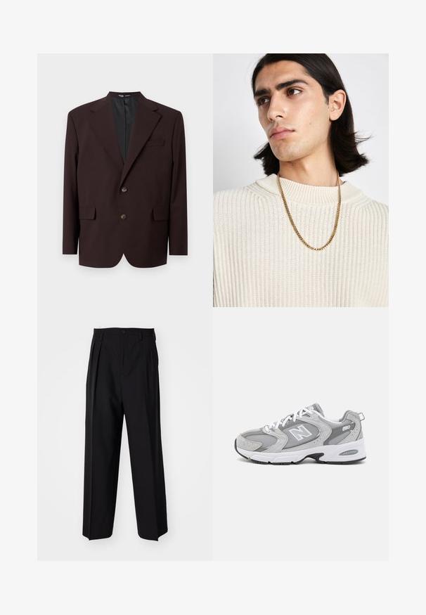 Selected Homme SLHRELAX - Blézerkabát - demitasse; Fekete pamut póló rövid ujjú, kerek nyakkivágással és laza szabással. Simább textúrával és minimalista dizájnnal rendelkezik, minta vagy díszítés nélkül.; Fekete, pliszírozott nadrág, egyenes, széles lábakkal. Sima anyagból készült, gombos záródással és övhurkokkal rendelkezik.; Szürke sportcipők hálós és velúr felsőrésszel, fehér fűzőkkel és fekete talppal. Kiemelkedő "N" logóval és párnázott gallérral rendelkezik.; Aranylánc nyaklánc egy krém színű bordázott kötött pulóver fölött; puha textúra, magas gallér és finom minta a szövetben.