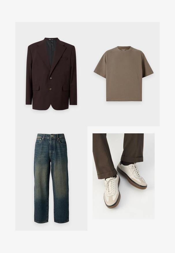 Selected Homme SLHRELAX - Suknjič - demitasse; Svetlo rjava majica s kratkimi rokavi, narejena iz mehkega materiala, z okroglim izrezom. Ima sproščen kroj in preprosto obrobo.; modri traper hlače s ravnim krojem, ki imajo zbledel videz z svetlejšimi odtenki proti robu, pet žepov in gumbasto zapiranje.; Bež teniske z teksturiranim prednjim delom iz usnja, gladkimi kožnimi stranicami in rjavo gumijasto podplatom. Vključene vezalke in svetla šivana detajla.