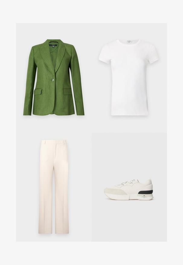 Zeleni laneni blejzer sa strukturiranim dizajnom, reverima, zatvaranjem na jedan dugme i dva prednja dzepa. Tekstuirana tkanina s mat završetkom.; Bijela rebrasta kratkotrajna majica s okruglim izrezom. Tkanina izgleda glatko s prilagođenim siluetom. Vidljiva oznaka branda na ovratniku.; Bež hlače s ravnim nogavicama, izrađene od lagane tkanine. Imaju prednje nabore i klasičan pojas.; Bijela tenisica s teksturiranim nubuk prednjim dijelom, glatkim mrežastim gornjim dijelom, dekorativnim vezicama i crnim gumiranim akcentom na peti.