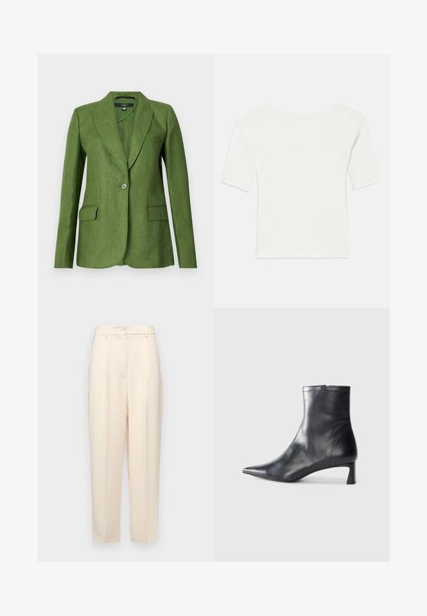 Roheline linenist bleiser struktuurse disainiga, klapidega, ühe nööbiga sulgemise ja kahe esikotiga. Tekstuuriga kangas, millel on matt viimistlus.; Valge sooniline lühikeste varrukatega topp laia kaelusega. Tekstuuril on vertikaalsed triibud, mis rõhutavad mugavat istuvust ja lihtsat disaini.; Beežid kohandatud püksid otse lõikega, ees volditud, siledast tekstuurist ja keskmise kõrgusega vöökoht. Nähtavaid taskuid ei ole.; Mustad mustall nahkasaabas terava nina ja stiilse disainiga. Omab madalat konts ja luku sulgemist taga. Sile tekstuur.