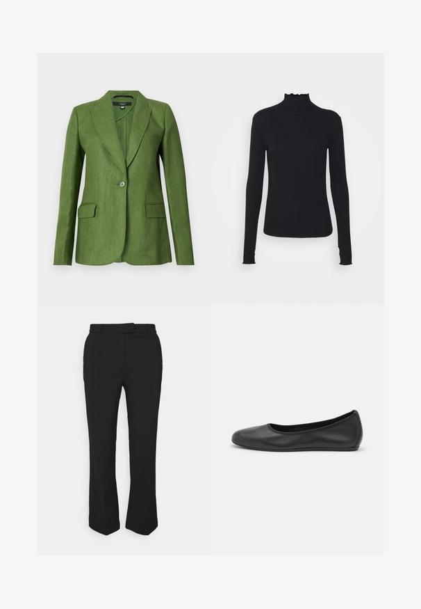 Zeleni laneni blazer s strukturnim dizajnom, zareznimi reverji, zapiranjem na en gumb in dvema sprednjima žepoma. Teksturovana tkanina z mat površino.; Črn dolg rokav turtleneck zgornji del iz gladkega materiala, ki se ponaša z nabranim ovratnikom in prilegajočim silhueto s preprostimi robovi.; Črne krojene hlače s ravnim krojem, z nožicami za pas in stranskimi žepi. Narejene iz gladkega materiala z čistim zaključkom.; Črne usnjene balerinke z zaobljenim nosom, gladko teksturo, minimalnimi šivi in fleksibilno zasnovo podplata.