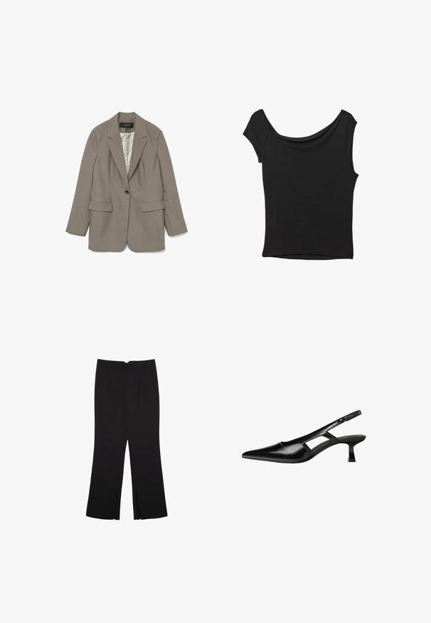 Grauer Blazer aus glattem Stoff mit einem einzigen schwarzen Knopf, Reverskragen, zwei Vorderfächern und einem satinartigen Futter.; Schwarzes Kurzarmoberteil aus glattem Stoff; hat einen drapierten Ausschnitt und einen asymmetrischen Saum, mit einem figurbetonten Körper.; Schwarze Hose mit geradem Schnitt, ausgestattet mit Fronttaschen und Seitenschlitzen am Saum. Hergestellt aus weichem, glattem Stoff. Geeignet für verschiedene Anlässe.; Schwarze Lackleder-Slingback-High Heels mit spitzer Zehenform, ausgeschnittenem Seitendesign und kleinem Blockabsatz. Glatte Textur mit minimalen Akzenten.