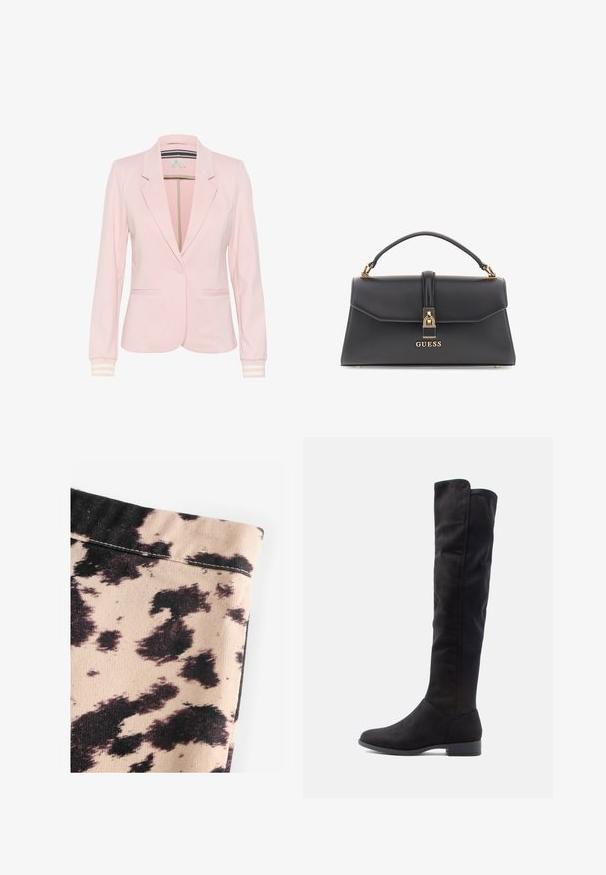 Helles pinkes Blazer aus weichem Stoff, mit Reverskragen, zwei vorderen Taschen, einem Einzelknopfverschluss und gestreiften Ärmelabschlüssen.; Schwarzer Rollkragenpullover aus leichtem Strickgewebe. Mit langen Ärmeln, taillierter Passform und weichem Ripptextil.; Beige Stoff mit schwarzem Kuhfleckenmuster, ausgestattet mit geriffelter Textur und schlichten Nahtdetails. Keine sichtbaren Beschläge oder Akzente.; Knielange schwarze Wildlederstiefel mit glatter Textur, runder Zehenpartie und niedrigem Blockabsatz; minimalistisches Design ohne sichtbare Beschläge.; Schwarze Taschen aus Kunstleder mit strukturiertem Design, goldenen Beschlägen, einem oberen Griff und einem Frontverschluss mit einem "GUESS"-Logo.