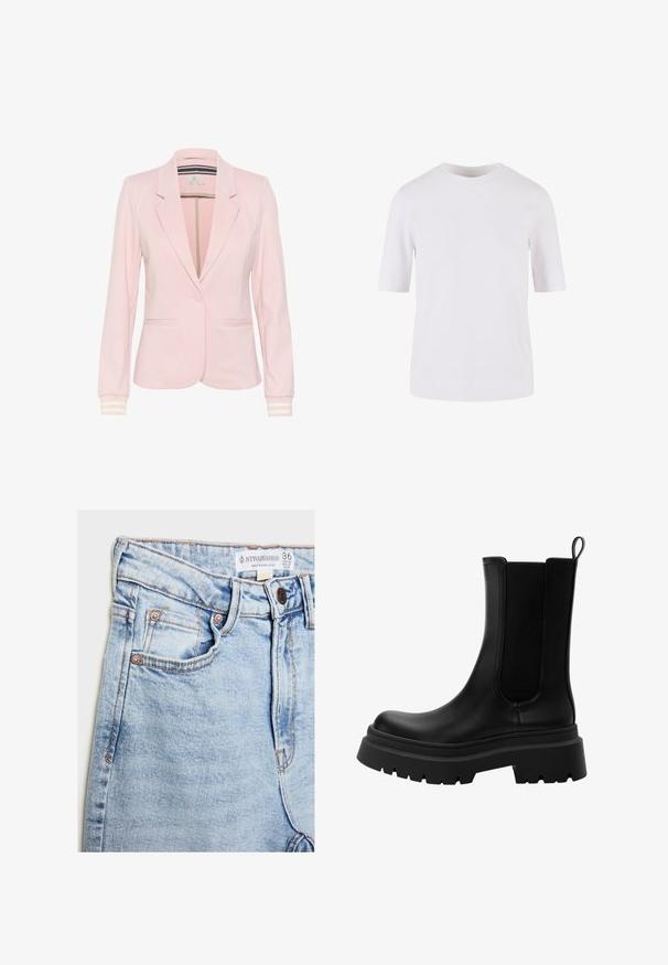 Light pink blazer made from soft fabric, featuring a notched lapel, two front pockets, a single button closure, and striped sleeve cuffs.; White short-sleeve T-shirt made of smooth cotton. Features a round neckline and a straight cut, with no patterns or embellishments.; Light blue denim jeans with a high waist, five pockets, copper-tone hardware, and subtle fading, featuring a label at the waistband.; Black leather Chelsea boots with elastic side panels, chunky rubber sole, and a rounded toe. Textured and smooth finish.