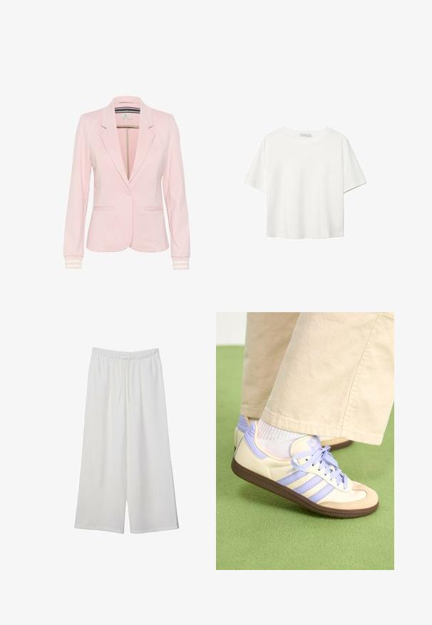 Light pink blazer made from soft fabric, featuring a notched lapel, two front pockets, a single button closure, and striped sleeve cuffs.; White short-sleeve t-shirt made of cotton. Features a crew neckline and a relaxed fit. Smooth texture with no visible patterns or accents.; White wide-leg trousers made of lightweight fabric, featuring an elastic waistband and a drawstring for adjustable fit. Smooth texture.; Cream and lavender sneakers with three stripes and a textured brown sole, featuring laces and a padded heel. Soft fabric upper.