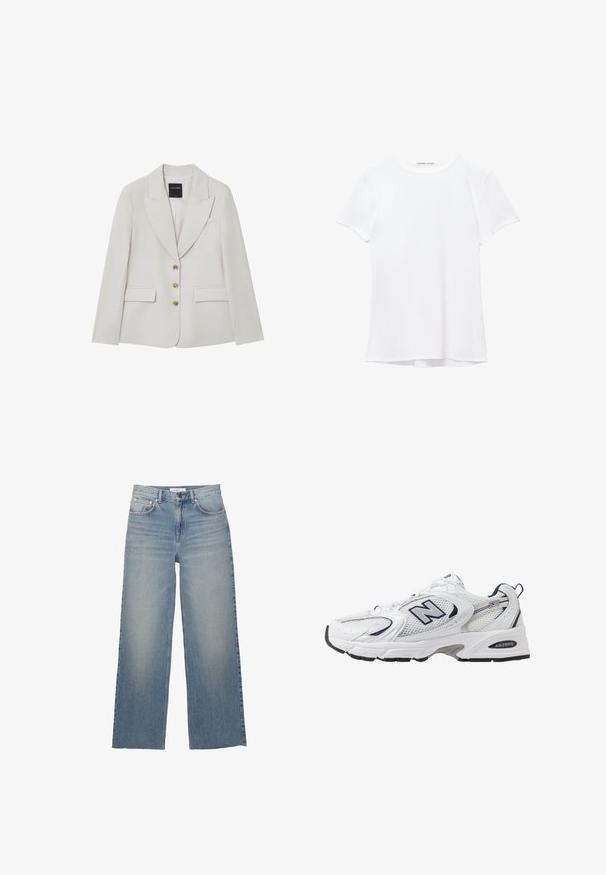 Beige Blazer mit taillierter Passform, doppelt geknöpftem Vorderteil, mit Reverskragen, goldenen Knopfdetails und zwei Fronttaschen. Glatte Stoffstruktur.; Weißes T-Shirt mit kurzen Ärmeln aus glatter Stoffqualität, mit rundem Ausschnitt und dezenten Nähten am Saum.; Helle blaue weit geschnittene Jeans aus Denim mit hoher Taille, vorderen Taschen und einem Knopfverschluss. Glatte Textur mit ausgewaschenen Stellen.; Weißer Sportschuh mit Mesh-Obermaterial, navyblauen Akzenten und gepolsterter Sohle. Verfügt über das "N"-Logo, Schnürsenkel und eine strukturierte Detailverarbeitung an der Seite.