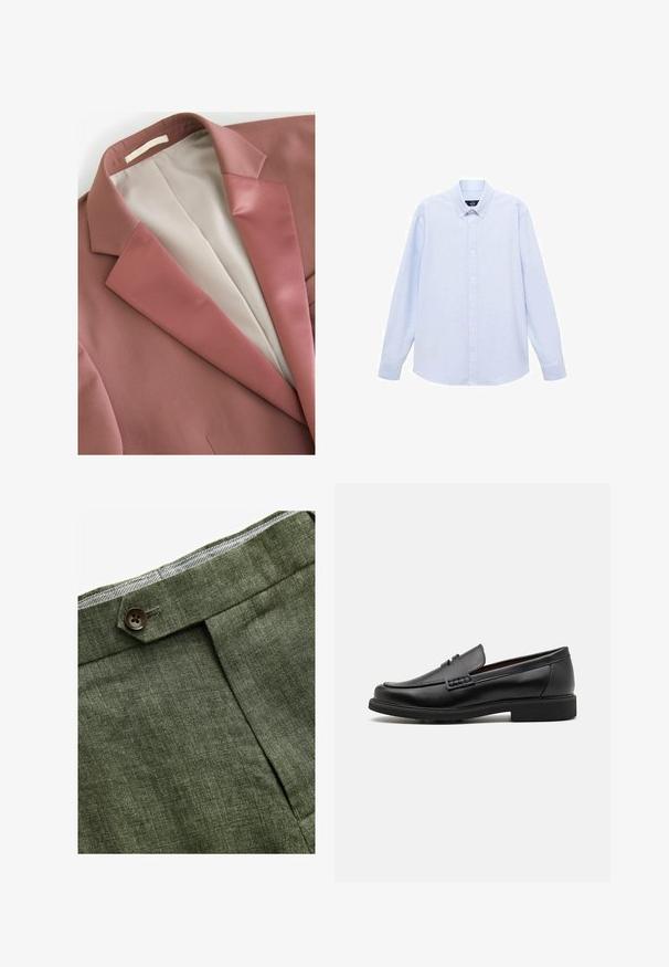 Rust-colored blazer with a smooth texture, featuring a satin lapel and cream-colored lining. Simple design with no visible patterns or hardware.; Light blue long-sleeve button-up shirt with a classic collar, straight hem, and subtle texture. Features a central button closure.; Olive green linen trousers with a front pleat, featuring a button closure and a contrasting checkered lining at the waistband.; Black synthetic loafers with a prominent stitched front, cushioned insole, and flat rubber outsole; sleek design with minimal detailing.