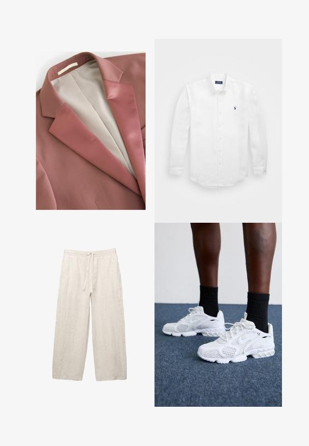 Rust-colored blazer with a smooth texture, featuring a satin lapel and cream-colored lining. Simple design with no visible patterns or hardware.; White long-sleeve shirt made of cotton with a button-down collar, featuring a small navy logo on the left chest and classic button fastening.; Linen trousers in light beige, featuring an elastic waistband with a drawstring, wide-leg design, and side pockets. Smooth texture.; White athletic shoes with mesh upper, textured accents, and cushioned sole. Paired with black ribbed ankle socks on a blue carpeted surface.
