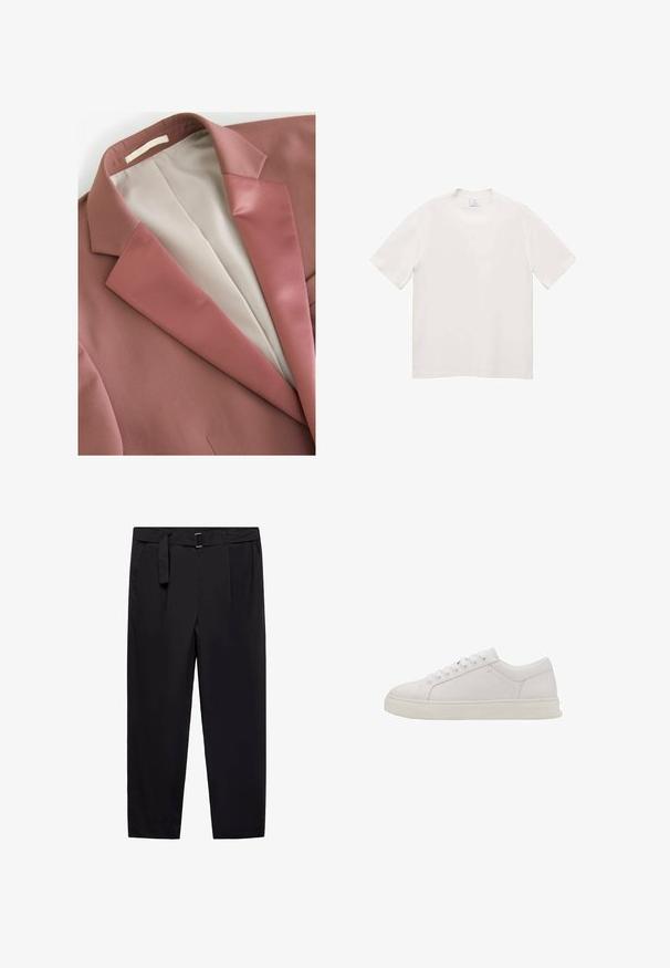 Blazer v barvě rezavé s hladkou texturou, s saténovým klopem a krémovou podšívkou. Jednoduchý design bez viditelných vzorů nebo kovových doplňků.; Bílý krátký rukáv tričko vyrobené z měkké tkaniny. Kulatý výstřih, rovný střih, žádné viditelné vzory ani hardwarové detaily.; Černé kalhoty rovného střihu, s poutky na opasek a odnímatelným opaskem. Hladká látka se bočními kapsami a bez viditelných vzorů nebo kovových prvků.; Bílé kožené tenisky s kulatou špičkou, plochou podrážkou a šesti dírkami na tkaničky. Vyznačují se hladkým povrchem a minimalistickým designem. Žádné viditelné vzory ani akcenty.
