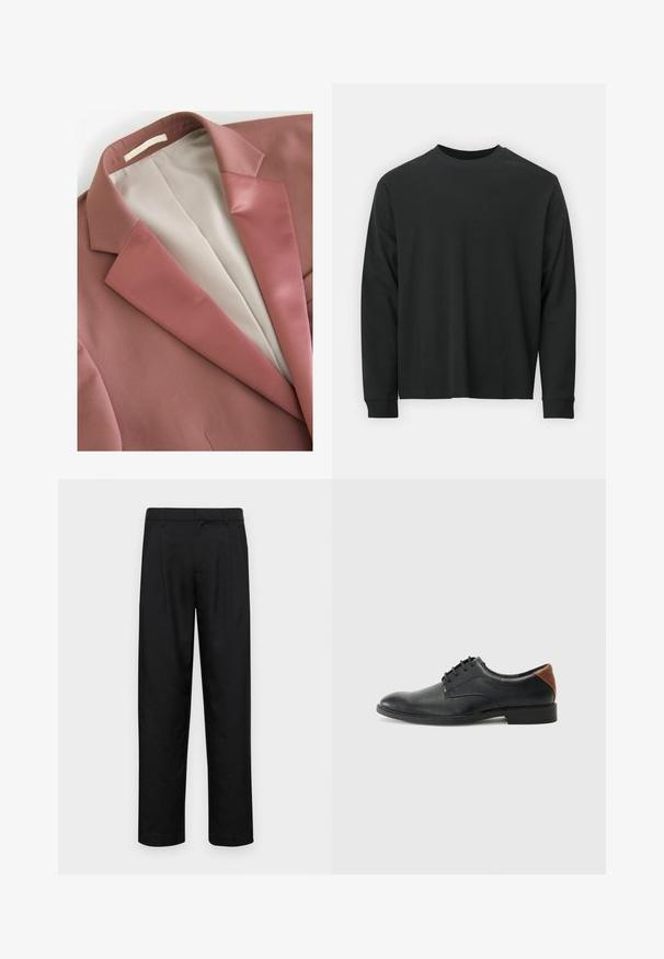 Blazer de color óxido con una textura suave, que presenta una solapa de satén y un forro de color crema. Diseño sencillo sin patrones visibles ni herrajes.; Camiseta negra de manga larga, hecha de algodón, con escote redondo, corte holgado y puños acanalados. Textura suave sin patrones visibles.; Pantalones negros de tela suave, con un diseño de pierna recta, dos pliegues frontales y una cintura estándar con trabillas para el cinturón.; Zapatos de hombre con cordones en cuero negro, con una punta redondeada, que presentan un acento en cuero marrón en el talón y una suela baja de goma negra.