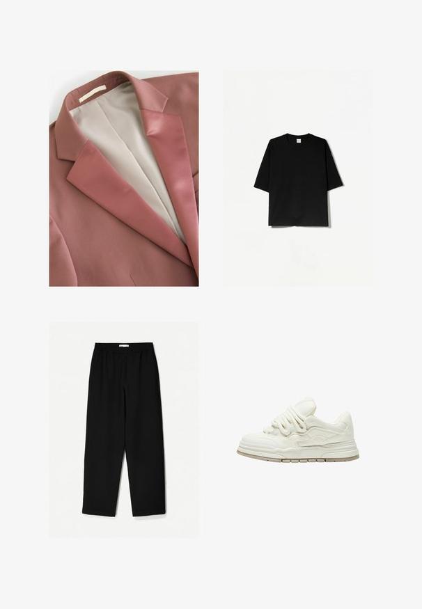 Roodbruin colbert met een gladde textuur, voorzien van een satijnen revers en een crèmekleurige voering. Eenvoudig ontwerp zonder zichtbare patronen of hardware.; Zwart T-shirt met korte mouwen en een ronde hals, gemaakt van zachte stof, met een losse, boxy pasvorm en een minimalistisch ontwerp.; Zwarte, wijde broek van een lichtgewicht stof. Voorzien van een elastische tailleband en een soepele textuur. Geen zichtbare patronen of hardware.; Witte sneaker met een gestructureerd oppervlak en opvallende veters. Heeft een dikke, gelaagde zool en subtiele ontwerpelementen aan de zijkanten.
