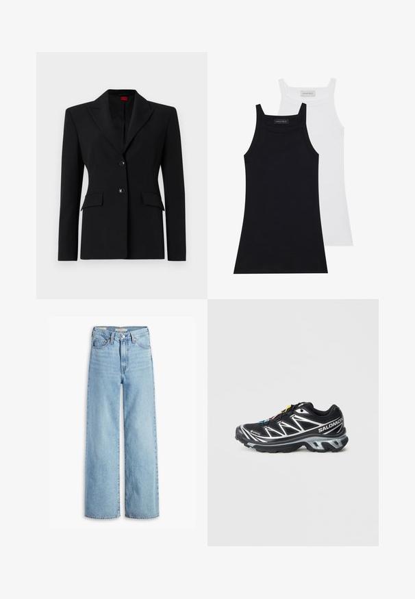 Zwarte blazer van glad stof, met een geknipt kraag, twee knopen en twee voorzakken. Op maat gemaakte, getailleerde ontwerp.; Twee mouwloze tops in zwart en wit. Gemaakt van zachte, rekbare stof met een geribbelde textuur en een getailleerd ontwerp. Heeft smalle bandjes.; Lichtblauwe, hoge taille, wijde jeans met een voorste knoop en ritssluiting, riemlussen en vijf zakken.; Zwart hardloopschoen met zilveren accenten, GORE-TEX materiaal, gestructureerde zool en kleurrijke veters. Voorzien van een gevoerde hak voor ondersteuning.