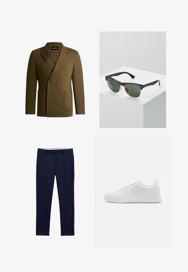 Olivnozeleni dvoredni blazer iz gladkega materiala. Značilnosti vključujejo ovratnik s režo, dva sprednja žepa in en žep na prsih.; Bele kratke majice s kratkimi rokavi, zložene, narejene iz bombaža. Imajo okroglo ovratnico in raven kroj. Tkanina se zdi gladka brez vzorcev.; Temno modri hlače s ožjim krojem in vzorcem črt. Zasnovane so z zadrgo, pasnimi zankami in sprednjimi žepi. Gladek teksturiran material.; Beli copati z gladkim sintetičnim zgornjim delom, okroglim nosom, šestimi odprtinami za vezalke in nizkoprofilno gumijasto podplatom z teksturiranim detajlom.; Sončne naočale Ray-Ban z zelenimi lečami, črnimi plastičnimi okvirji in zlatimi poudarki na robovih. Kvadratna oblika z mat površino.