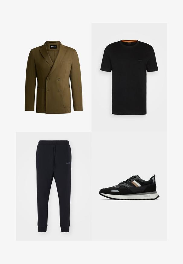 Olive spalvos dvigubos eigos švarkas, pagamintas iš glotnios medžiagos. Yra notch tipo apykaklė, dvi priekinės kišenės ir viena krūtinės kišenė.; Juodas trumpas rankovėmis marškinėliai, pagaminti iš minkštos medžiagos, su apvalia iškirpte ir subtilia logotipu priekyje. Vidinė apykaklė turi oranžinį akcentą.; Juodos sportinės kelnės, pagamintos iš minkštos medžiagos, su elastinga juosta, raišteliu ir aptemptomis kojomis. Šone yra mažas logotipas.; Juodas bėgimo batelis su struktūrizuota paviršiumi, šviesiai pilkomis akcentais ir trimis horizontaliosiomis rudo atspalvio juostomis. Savyje turi baltą paminkštintą padu.