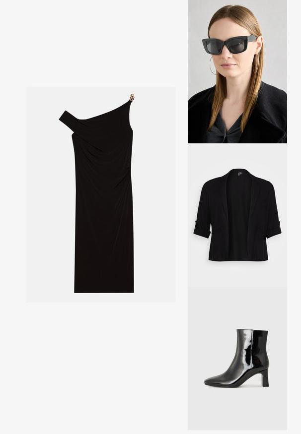 Blazer noir en tissu doux, avec un col châle, des manches retroussées, deux poches avant et un design à l'avant ouvert.; Robe noire asymétrique faite de tissu drapé, dotée d'un accent doré sur l'épaule, d'une texture lisse et d'un design mi-cuisse.; Bottines en cuir verni noir avec un bout pointu et un talon block de hauteur moyenne. Texture lisse et design minimaliste.; Des lunettes de soleil en forme de chat noir avec des verres foncés, des montures épaisses et des accents subtils. Portées avec un manteau noir et un haut gris, avec des cheveux longs et raides.