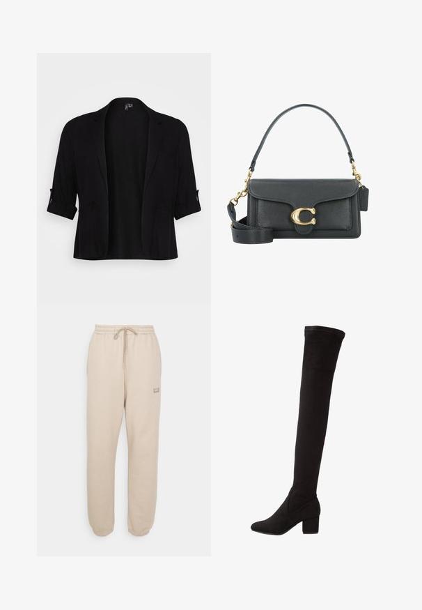 Čierny sak vyrobený z jemnej textílie, s šálovým golierom, skrútenými rukávmi, dvoma prednými vreckami a otvoreným dizajnom.; Svetlo béžová mikina vyrobená z mäkkej tkaniny, s okrúhlym výstrihom, spadnutými ramennými švami a lemovanými manžetami a spodným okrajom.; Béžové teplákové nohavice s elastickým pásom, sťahovacou šnúrkou a zúženými manžetami. Obsahujú malú nášivku loga na boku. Mäkkučká textura.; Čierne semišové čižmy nad kolená s blokovým podpätkom, s hladkým povrchom a priliehavým dizajnom siahajúcim nad koleno.; Čierna kožená kabelka s akcentmi zlatého hardvéru, s podpisovým zapínaním, odnímateľným ramenným popruhom a štruktúrovaným povrchom.; Náhrdelník z ružového zlata s dvoma prepojenými pásmi, pričom jeden je ozdobený radom diamantov, má hladký povrch a jemné okraje.