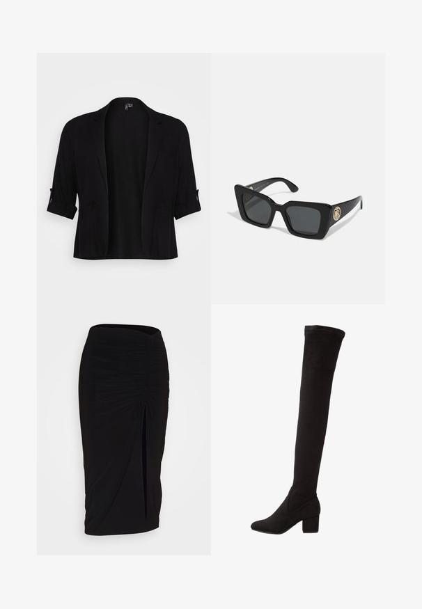 Schwarzer Blazer aus weichem Stoff, mit Schalkragen, umgeschlagenen Ärmeln, zwei Fronttaschen und offenem Design.; Schwarzer Strickpullover mit asymmetrischem Ausschnitt, langen Ärmeln und geripptem Textil mit lockerer Passform und Saum.; Schwarzer, geraffter Bleistiftrock mit Bindegürtel und seitlichem Schlitz. Hergestellt aus einem dehnbaren Stoff, mit glatter Textur und figurschmeichelndem Design.; Schwarze Over-the-knee Stiefel aus Wildleder mit Blockabsatz, die eine glatte Textur und ein eng geschnittenes Design haben, das über das Knie reicht.; Schwarze quadratische Sonnenbrille mit dunklen Gläsern und glänzenden schwarzen Bügeln. Verfügt über einen goldenen kreisförmigen Hardware-Akzent an der Seite. Insgesamt glatte Textur.; Roségold-Armband mit zwei ineinandergreifenden Bändern, von denen eines mit einer Reihe von Diamanten verziert ist, und einer schlanken Oberfläche mit glatten Kanten.