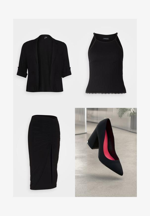 Black blazer made from soft fabric, featuring a shawl collar, rolled sleeves, two front pockets, and an open front design.; Black ribbed tank top with scalloped lace trim at the hem. Features thin straps and a fitted design. Made from stretchable fabric.; Black, ruched pencil skirt with tie detail and a side slit. Made from a stretchy fabric, featuring a smooth texture and form-fitting design.; Black high heel shoe with a pointed toe, textured surface, and a vibrant pink interior. Features a chunky heel with silver accent.