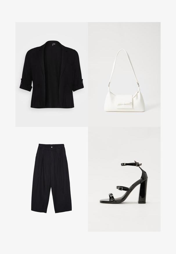 Svart blazer i mjukt tyg, med sjalkrage, uppvikta ärmar, två framfickor och öppen framdesign.; Vit ärmlös topp med rund halsringning. Tillverkad av ett mjukt tyg, har den en avslappnad passform och minimalistisk design. Inga mönster eller detaljer.; Svarta polyester culottbyxor med elastisk midja, två framfickor och en lös silhuett. Inga synliga mönster eller hårdvarudetaljer.; Svarta lackerade klacksandaler med fyrkantig tå, ankelremmar och silverfärgade spännen. Har en kraftig blockklack för stabilitet.; Vit syntetisk handväska med triangulär form, platt framklaff och rosettdetalj, justerbar rem, slät textur och minimalistisk design.