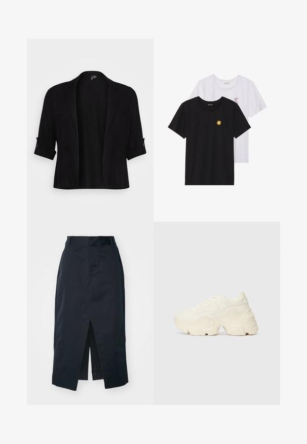 Black blazer made from soft fabric, featuring a shawl collar, rolled sleeves, two front pockets, and an open front design.; Black and white T-shirts, round neck, short sleeves. Black shirt features yellow sun embroidery; white has purple crescent moon accent.; Dark navy midi skirt made of cotton blend fabric, featuring a front slit, concealed zipper, and side pockets for functionality.; Chunky white sneakers made of textured mesh and synthetic materials, featuring a thick sole and intricate pattern details along the sides.