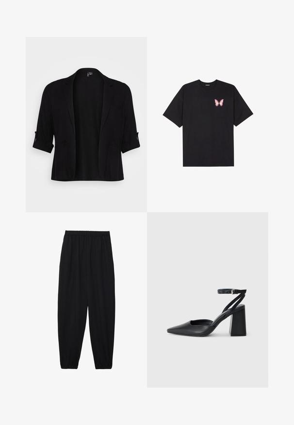 Black blazer made from soft fabric, featuring a shawl collar, rolled sleeves, two front pockets, and an open front design.; Black cotton t-shirt with short sleeves, featuring a small pink butterfly graphic on the left chest. Crew neck design with a relaxed fit.; Black, lightweight pants with an elastic waistband and gathered ankles. The fabric is smooth and features a relaxed, tapered design.; Black leather pointy-toe pump with an ankle strap and a chunky heel. Flat texture, sleek design, and minimalistic aesthetics.