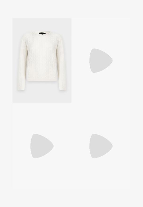 Bílý svetr s pleteninou, dlouhými rukávy, kulatým výstřihem a dekorativním perlovým akcentem na límci. Měkká textura a přiléhavý design.; Tmavě modré oversized tričko s kontrastním krémovým žebrovaným výstřihem. Krátké rukávy a volný střih. Vyrobeno z měkkého bavlněného materiálu.; Tmavě šedá plisovaná sukně s elastickým pasem, vyrobená z texturované látky a s klasickým A-čkovým střihem. Vhodná pro každodenní nošení.; Černé kožené boty s kulatou špičkou, plochou podrážkou a páskem s detaily s přezkou. Masivní blokový podpatek pro zvýšenou stabilitu.