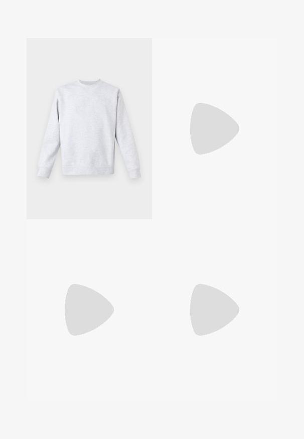 Sweatshirt cinza claro feito de tecido suave, com decote redondo, mangas longas e punhos e bainha canelados. Design minimalista sem padrões.; Calças de ganga pretas de corte justo com cinco bolsos, passantes para cinto e fecho de botão, dispostas sobre um fundo branco.; Ténis de camurça preta com risca lateral branca, atacadores brancos e sola de borracha tipo gum. Design clássico de baixo com pormenores texturizados e bico arredondado.; Bolsa transversal preta com um bolso com fecho, forma retangular, feita de tecido, apresentando um patch de logo na frente, alça de ombro ajustável.