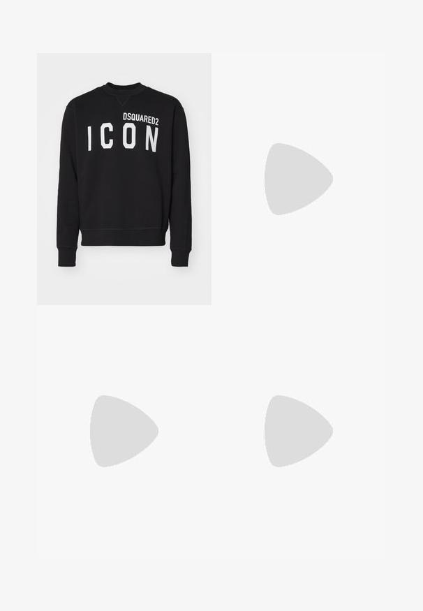 Čierna mikina vyrobená z mäkkej tkaniny s kruhovým výstrihom a dlhými rukávmi. „DSQUARED2“ a „ICON“ vytlačené tučnými bielymi písmenami.; Béžové ľahké nohavice s voľným strihom, s elastickým pásom a bočnými vreckami. Tkanina vyzerá textúrovaná a mierne pokrčená.; Biele kožené tenisky s hladkým povrchom, okrúly špičkový dizajn, ploché šnúrky a textúrovaná podrážka. Obsahujú jemné logo na päte.; Čierne okrúhle slnečné okuliare s tmavými sklami a tenkými kovovými ramenami. Obsahujú priehľadné konce rámov a strieborné akcenty na pántoch. Minimalistický dizajn.