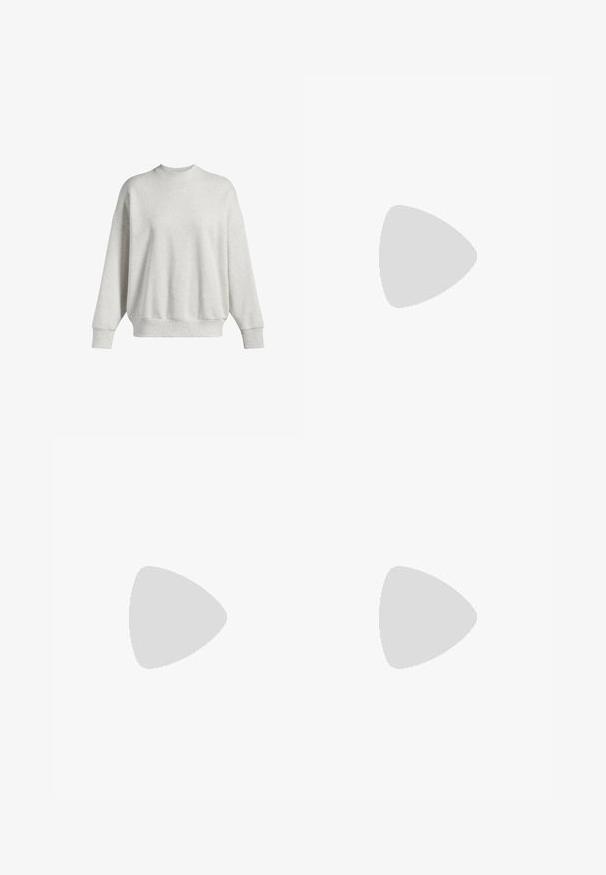 Gaiši pelēks džemperis, izgatavots no mīkstas kokvilnas maisījuma, ar apaļu kakla izgriezumu, nokritušām plecu līnijām, ribotām piedurknēm un mazu logotipu uz krūšu daļas.; Melnas īsām piedurknēm T-krekls, izgatavots no mīksta auduma, ar nelielu pelēku New Balance logo kreisajā augšējā krūtīs, klasiskā apaļā kakla dizainā.; Gai beige treniņbikses, kas izgatavotas no mīksta auduma, ar elastīgu jostasvietu un aukliņu, sānu kabatām un sašaurinātiem uzmavēm pie potītēm.; Baltas sporta apavi ar acu acu augšdaļu, ar mīkstu apkakli, teksturētu zoli un "Fresh Foam" zīmolu uz vidus zoles.