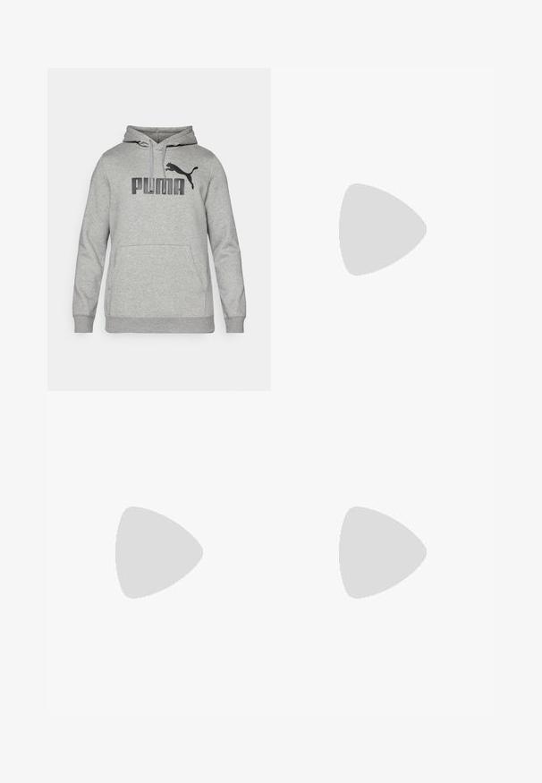 Szara bluza z kapturem wykonana z miękkiego materiału, z dużym logo "PUMA" oraz czarnym sylwetką pumy na klatce piersiowej, z kieszenią z przodu.; Jasnoniebieski bezrękawnik sportowy wykonany z miękkiego materiału, z okrągłym dekoltem i białym logo Pumy po lewej stronie klatki piersiowej.; Czarne spodenki sportowe z elastycznym pasem, charakteryzujące się miękką teksturą i małym białym logo Pumy na dolnej lewej nodze.; Białe buty sportowe z siateczkową cholewką, gumową podeszwą w kolorze gumy, teksturowanymi akcentami oraz czarnym logo z boku.