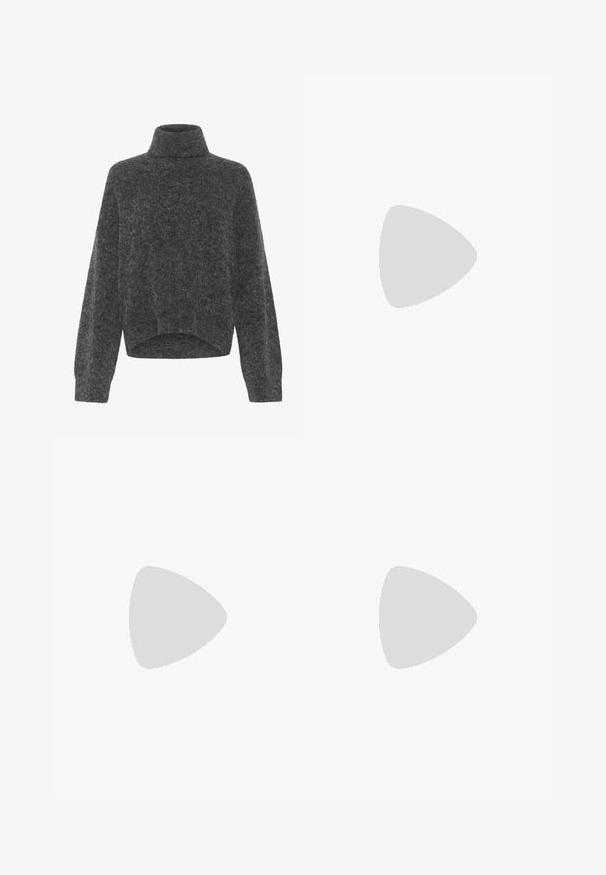 Pulover turtleneck de un gri închis, moale, cu o croială lejeră și umeri căzuți. Textură fină și detalii cu un tiv scurt. Fără închizători vizibile.; Jeans din denim de un albastru deschis, cu un croi drept, talie înaltă, închidere cu buton în față și un design clasic cu cinci buzunare. Textură moale cu un finisaj ușor decolorat.; Sandal din suede taupe deschis, cu două curele ajustabile și accesorii din aur rose. Tălpi din plută pe o talpă texturată de culoare brună. Design cu vârf deschis.; Ochelari de soare cu ramă metalică aurie, cu lentile verzi, de formă rotundă, cu temple subțiri și accente din plastic alb la vârfurile brațelor.