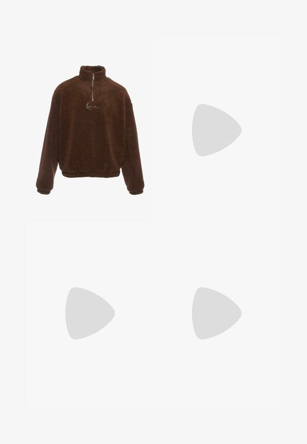 Brown fleece pullover with a high collar, half-zip front, and long sleeves. Features a white logo on the chest. Soft, textured fabric.; Olive green cargo shorts made of cotton, featuring a zip fly, belt loops, side pockets, and a straight cut design.; Beige and brown sneaker with textured mesh panels, suede accents, and a rubber sole. Features lace-up design and branded detailing.; Digital Casio watch with a rose gold metal band, rectangular case, illuminated display, and water resistance, showing time and date.