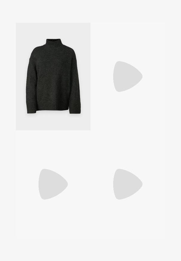 Vero Moda Tall VMMADDIE HIGHNECK PULL - Džemper - dark grey melange; Envii SCORPION - Topp - navy blazer; Mustad kõrge vöökohtadega teksapüksid, mis on valmistatud denimist, sirge jala disainiga, eesmine taskud, lukuga ja metallnupuga kinnitamine.; Mustad must Adidas'i sneaker valgete triipudega, kuldse "Spezial" tekstiga, kummi tallaga ja valge kontsaga, kujutatud külgvaates.