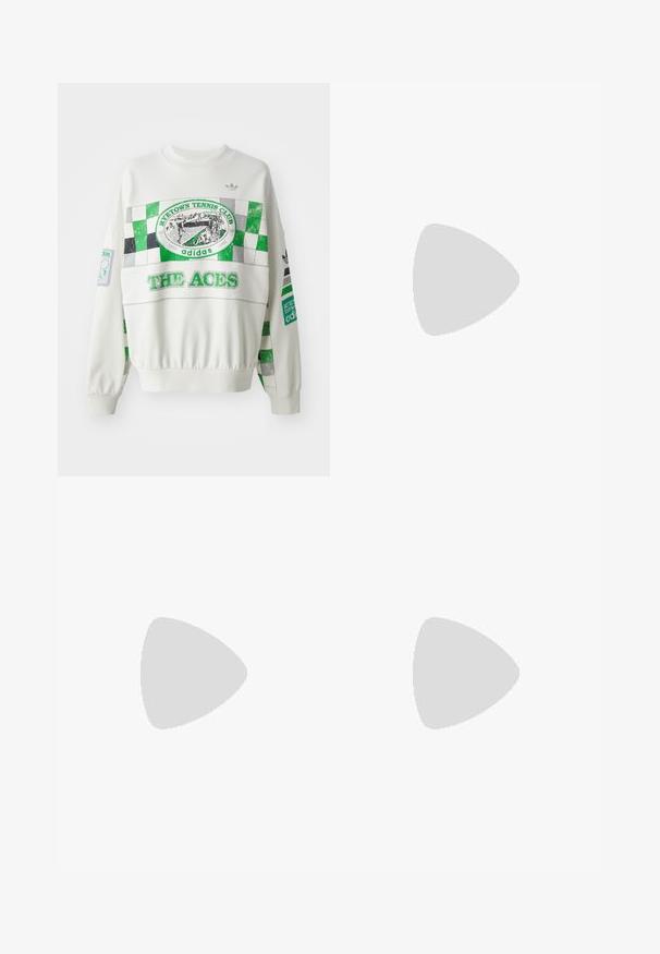 Sweatshirt blanc avec un design en damier vert et gris, étiquette "RITETOWN TENNIS CLUB" et texte "THE ACES" à l'avant. Poignets élastiques.; Jupe midi noire côtelée au design ajusté, présentant des rayures blanches sur les côtés et un petit emblème blanc sur le côté gauche.; Chaussure de sport noire avec tige en mesh, accents roses et détails rayés noirs. Présente une semelle extérieure texturée et un logo sur le talon.; Boucles d'oreilles en forme de créole dorées, fines et rondes, avec une finition métallique lisse et sans embellissements ni motifs.