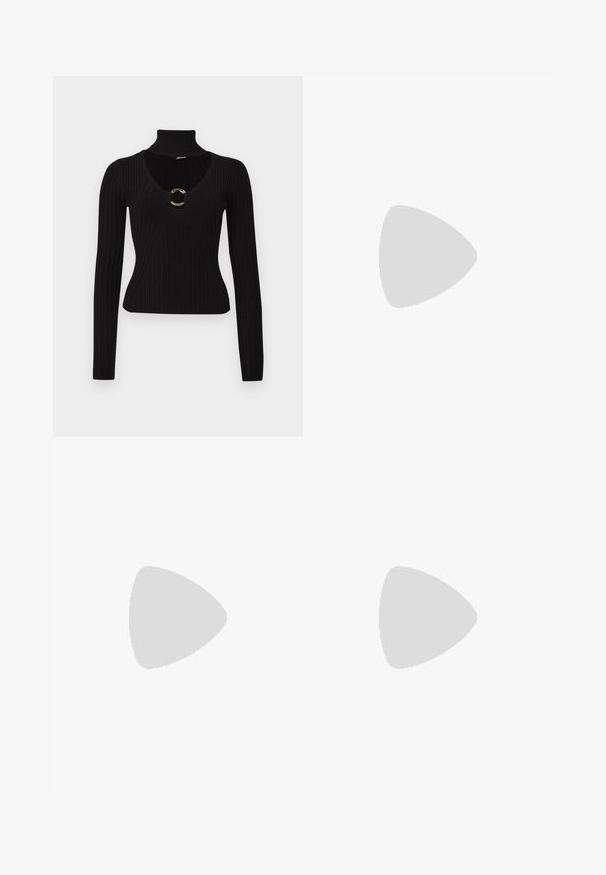 Black ribbed turtleneck top featuring a deep V-neck and a circular gold accent at the chest. Long sleeves with a fitted design.; Denim skirt with a photo print of jeans on white fabric. Features standard waistline, side slit, and detailed stitching on pockets.; Black leather ankle boot with a smooth texture, pointed toe, and a chunky high heel. Features a side opening and minimalistic design.; Black leather handbag with a silver chain strap, featuring decorative wing accents and white stitching along the bottom seam.