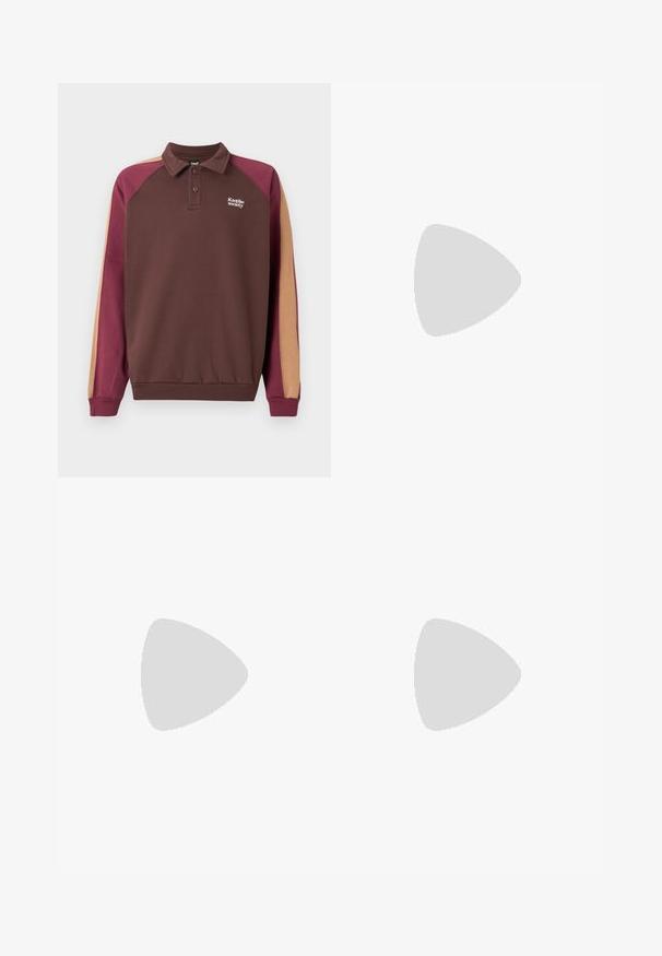 Long-sleeve brown polo shirt with burgundy and beige color-blocked sleeves and small white "Kaotiko society" logo on chest.; Olive green chinos with a straight cut, made of cotton with slight texture, featuring a button closure and belt loops.; White sneaker with black and gray accents, featuring a textured gray toe cap, black rubber sole, and flat white laces. Clean design, minimalist style.; Black crossbody bag made of durable fabric, featuring a single adjustable strap, a zippered main compartment, and a front pocket.