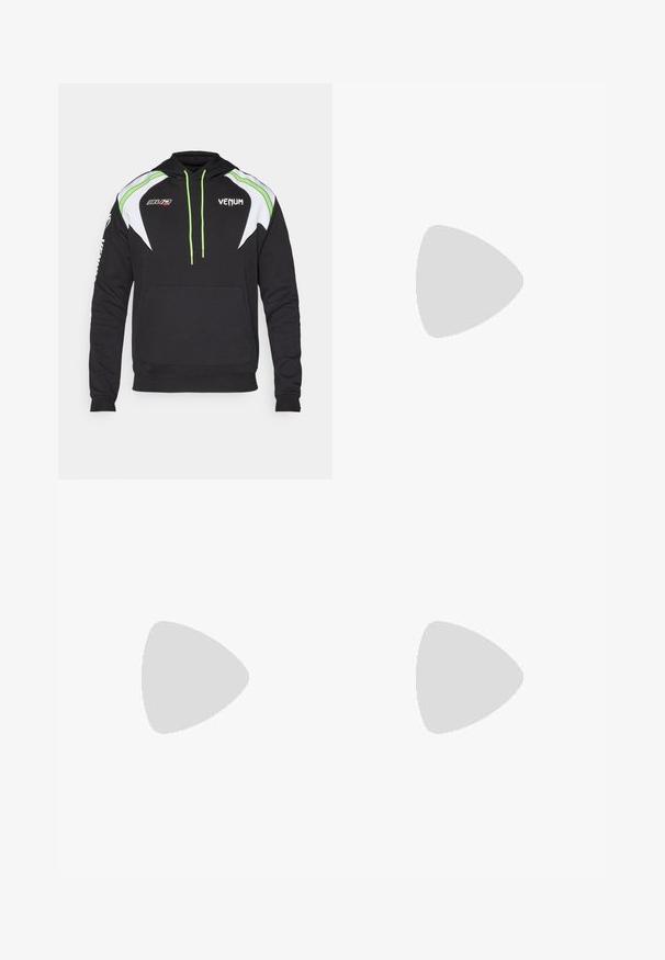 Mustapaita, jossa on valkoisia ja limevihreitä yksityiskohtia. Takissa on etutasku, nyörit ja logot rinnassa ja hihassa. Pehmeä kangas.; Pitkähiha polo paita tummansinisellä pohjalla ja valkoisilla hihoilla, jossa on vetoketjulla suljettava kaulus ja viininpunaisia korostusviivoja rinnassa ja hihoissa.; Mustat stretch-housut, joissa on istuva muotoilu, joustava vyötärö ja vetskareilla varustetut taskut. Sileä pinta, jolla on hieman kiiltävä viimeistely.; Korkean varren urheilukengät, joissa on musta verkkopinta beigeillä yksityiskohdilla. Hieman teksturoitu kumipohja ja logokuvaus sivussa.