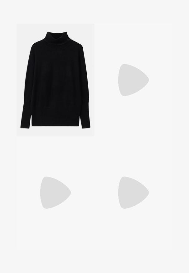 Juodas golfo megztinis, pagamintas iš minkštos medžiagos, su raštuotomis detalėmis apykaklėje ir rankogaliuose, laisvai prigludęs ir su šoninėmis įpjovomis.; Juodi, aptempti kelnes su elastingu juosmeniu, sklandžiu paviršiumi ir užtrauktuku apdailoje. Pagaminta iš lengvos medžiagos.; Juodas odinis iki kelių botas su smailiu batu, akcentuotas apvaliu diržu aplink kulkšnį ir žemu, siaurėjančiu kulnu. Lygi tekstūra.; Rudas raštuotas petinis krepšys su geometriniu dizainu, tekstūruota paviršiumi ir nuimamu diržu, puikuojančiu žuvų kaulų raštu. Auksiniai aksesuarai.