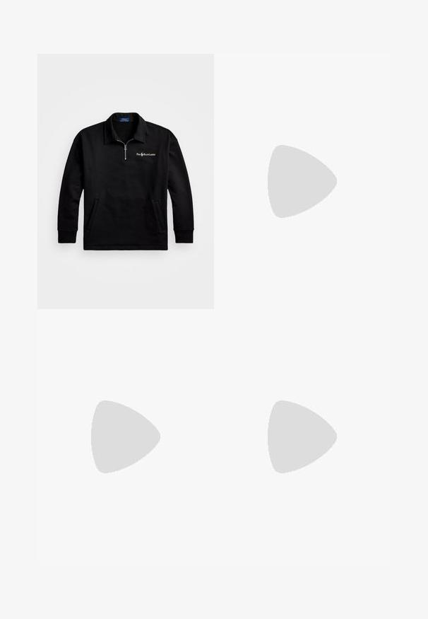 Črn pulover z ovratnikom na četrtni zadrgi, dolgimi rokavi in stranskimi žepi. Na prsih je izvezen logo "Polo Ralph Lauren".; Črno-sive prugaste dolgoročne polo majice z belim ovratnikom in majhnim logotipom na spodnjem robu. Mehka bombažna tkanina.; Črne hlače iz lahkega blaga, z elastičnim pasom in vgrajenim zeleni pasom, ravne noge in stranskimi žepi.; Črne lakirane usnjene loafers čevlje z belim usnjenim poudarkom, debelim črnim gumijastim podplatom ter našitimi detajli. Gladka tekstura z sijočo površino.
