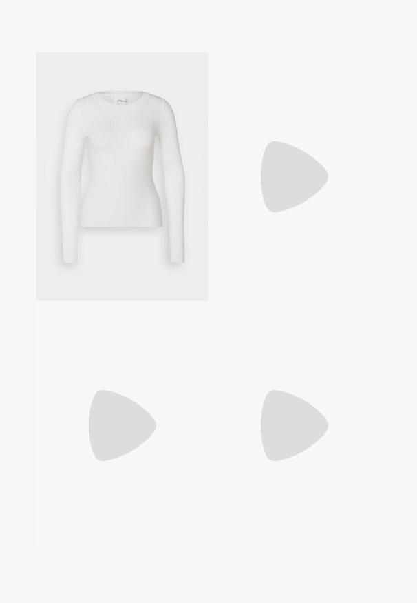 White long-sleeve ribbed top with a round neckline. The fabric is smooth, featuring a subtle texture and fitted design. No visible hardware or patterns.; Denim skirt with an elastic waistband, blue fabric, full length, front button closure, and subtle texture. No visible patterns or accents.; Black leather loafers with a smooth finish, featuring a decorative band and small gold accent. The sole is flat with a rounded toe.; Black textured handbag with short handles and a removable shoulder strap. Features a gold logo accent. Compact, structured shape.