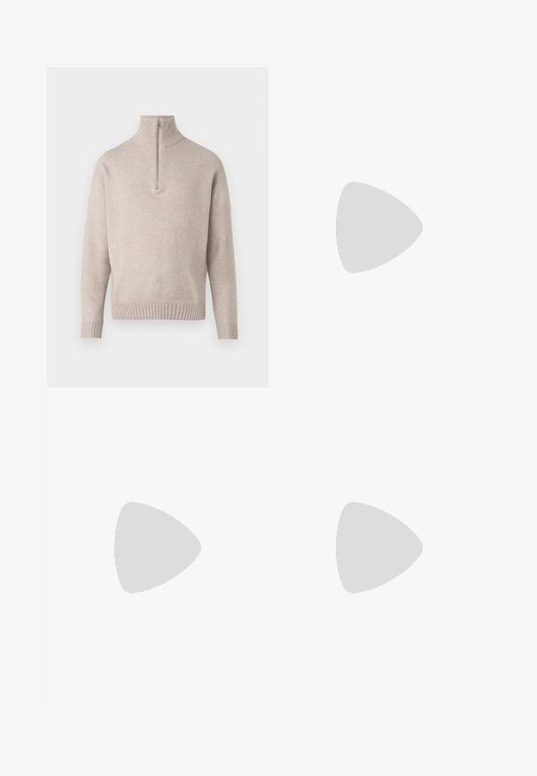 Béžový pulovr s čtvrtzipem ze měkké pleteniny. Obsahuje ribbovaný límec a manžety, má uvolněný střih a bezšvový design.; Bílá bavlněná tričko s krátkými rukávy, na němž je v námořnické modři text "Bugs Bunny" a pod ním "Est. 1940". Standardní design s kulatým výstřihem.; Svetle modré džíny z denimu s vysokým pasem, předním knoflíkem, zipem a designem s pěti kapsami, ležící rovně na neutrálním pozadí.; Bílé tenisky s černými a šedými akcenty, opatřené texturovaným šedým prstovým krytem, černou gumovou podrážkou a plochými bílými tkaničkami. Čistý design, minimalistický styl.