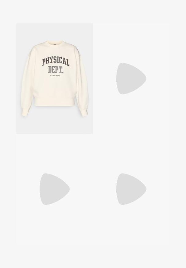 Kremfarget hettegenser med rund hals, dropped shoulders og ribbede mansjetter. Har "PHYSICAL DEPT." i mørkegrå fet skrift.; Lys turkise tanktop med racerback-design. Glatt tekstur og tettsittende fasong. Har minimal merkevare på kanten.; Høytalede leggings i dempet grønn stoff, med sømløst design, glatt tekstur og subtil detaljer med kryssede midjebånd.; Svart atletisk sko laget av mesh og syntetiske materialer, med en buet lilla logo, teksturerte sider og en gummisåle med lilla aksent.