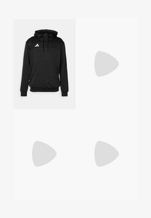 Black hoodie made of smooth fabric with a half zip, features a kangaroo pocket, and a white triangular logo on the chest.; White polo shirt with black and red stripes on shoulders. Features an emblem on the chest and a classic collar. Made of breathable fabric.; Black athletic pants with an elastic waistband, featuring white stripes along the sides and a small logo on the hip. Smooth texture.; White running shoe with mesh upper, grey accents, three grey stripes, padded collar, and a lightweight sole featuring Cloudfoam technology.