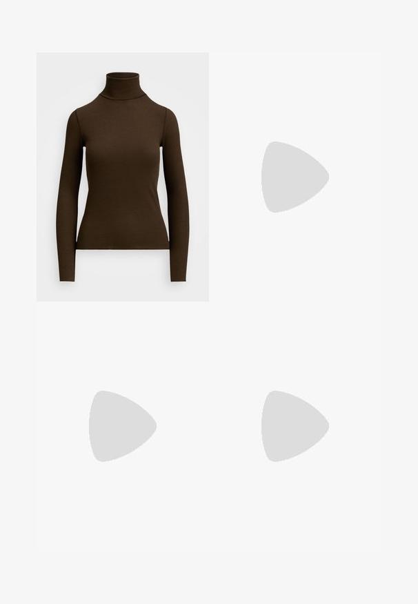 Brown, long-sleeved turtleneck top made of ribbed fabric. Features a fitted silhouette and a high neck design. No visible patterns or accents.; Polo Ralph Lauren COTTON CORDUROY WIDE-LEG PANT - Trousers - dark beech; Brown patent leather high-heeled pump with a pointed toe and cut-out sides, featuring a thin heel and smooth finish.; Brown suede tote bag with rounded shape, dual handles, and a metal hardware accent. Features a small logo on the front.