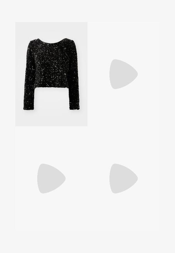 Black, cropped long-sleeve top made of sequined fabric, featuring a rounded neckline and textured surface of shimmering sequins.; Black faux leather pants featuring a textured crocodile skin pattern, flared legs, and a standard waistband with belt loops.; RAID NEMMA - Classic ankle boots - black metallic; Silver hoop earrings with a polished finish, featuring a circular design and seamless hinges, displaying a smooth texture.