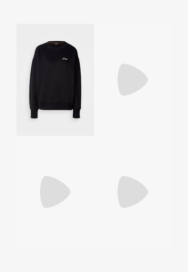 Sudadera negra de tejido suave, con cuello redondo, mangas largas y un logo bordado blanco en el pecho. Puños y dobladillo acanalados.; Camisa blanca de manga larga con botones, hecha de algodón. Presenta un cuello clásico y un sutil bordado de la marca en el pecho. Textura suave.; Jeans de denim azul de talle alto con un corte recto, con un ligero desgastado, diseño clásico de cinco bolsillos y cierre de botón.; BOSS CAMY - Botines - black