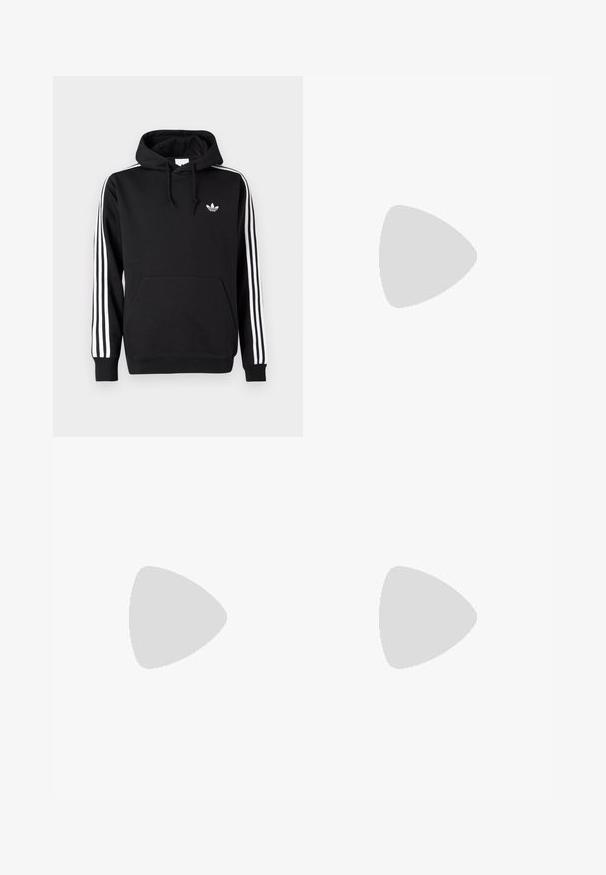 Sweatshirt com capuz preta da Adidas com mangas brancas de três riscas, bolso frontal, capuz com cordões e pequeno logótipo branco trevo no peito.; Camisa de futebol de manga longa branca, com textura ribeteada, gola e punhos pretos, apresentando o logo da Adidas em preto e um emblema gráfico circular.; Calças atléticas pretas com um cós elástico, apresentando riscas brancas laterais e um pequeno logótipo. O material parece macio e leve.; adidas Originals ADIDAS GAZELLE SHOES - Botas de futebol de salão - real madrid/bluebird/footwear white/crew yellow