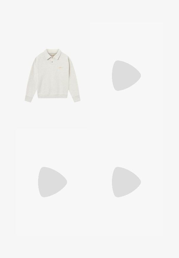 Lichtgrijs polo sweatshirt gemaakt van zachte stof, met een knoopsluiting, geribde boorden en geborduurde branding in goud nabij de borst.; Witte lange mouwen shirt met een klassieke kraag, knoopsluiting aan de voorkant, relaxed fit en afgeronde zoom; gemaakt van een soepele, lichte stof.; Zwarte broek met een geplooid design aan de voorkant, gemaakt van soepel stof. Voorzien van een knoopsluiting en riemlussen; rechte pasvorm.; Zwarte sneaker met witte strepen, vetersluiting, gestructureerd bovenwerk en rubberen zool. Heeft het "CAMPUS"-logo aan de zijkant en een gum loopzool.