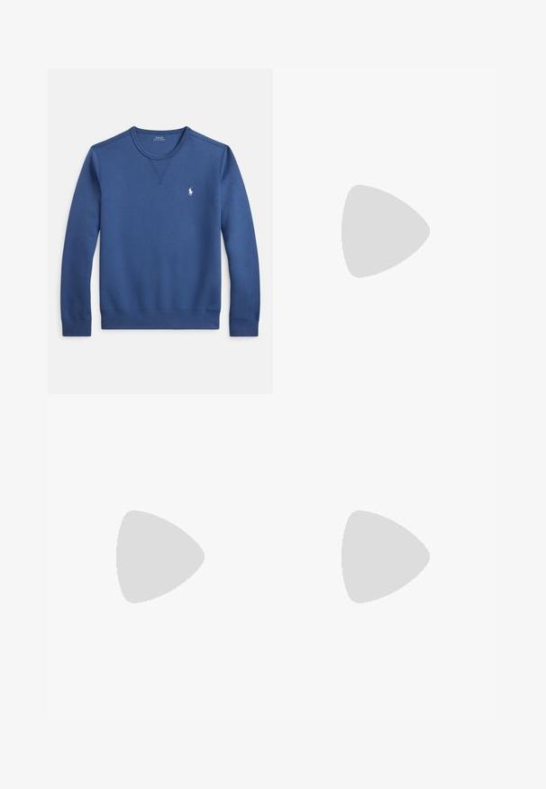 Blue crewneck sweatshirt made of soft fabric, featuring a ribbed neckline and cuffs, with a small white logo on the left chest.; White polo shirt with a textured fabric, short sleeves, and a zip-up collar. Includes a gray logo on the left chest.; Light beige sweatpants with a gray elastic waistband, drawstring, side pockets, and dark gray graphic on left thigh.; White sneaker with green leather accents and a tan rubber sole. Features a fabric body and a prominent logo on the side. Laced design.