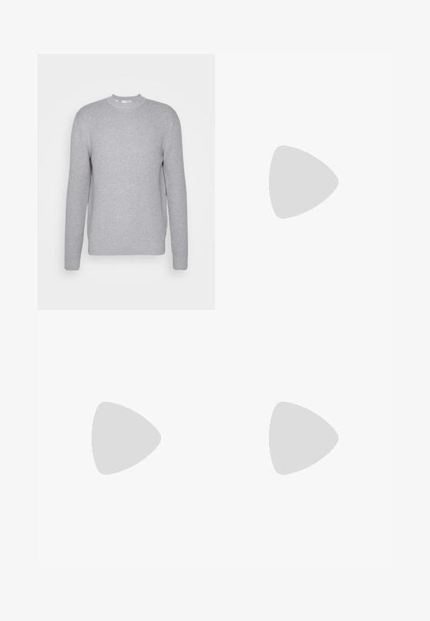 Light gray crew neck sweater with long sleeves, ribbed cuffs, and hem. Made of knitted fabric with a soft, textured finish.; White short-sleeve t-shirt made of lightweight fabric. Round neckline with a smooth texture and no visible patterns or accents.; Samsøe Samsøe SMITHY TROUSERS  - Trousers - moonstruck; White athletic shoe with mesh upper, navy accents, and cushioned sole. Features "N" logo, laces, and textured detail on side.